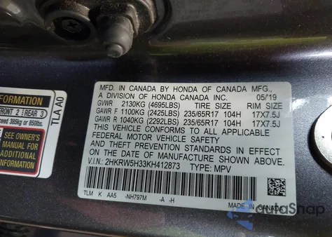 2019 Honda Cr-V Lx z USA, uszkodzony, nr VIN 2HKRW5H33KH412873